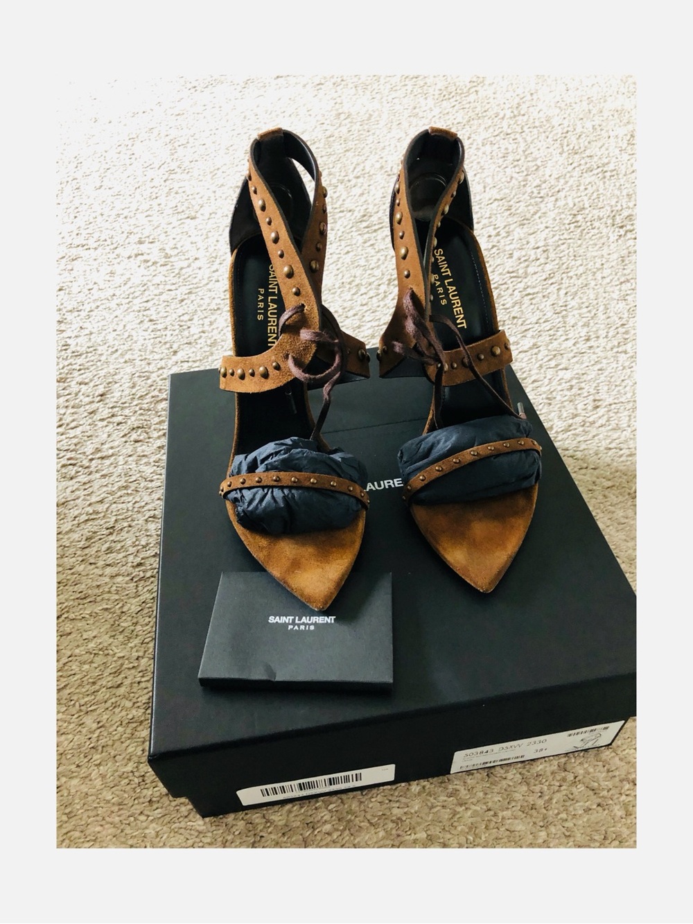 Saint Laurent Brown Suede Studded Pointed-Toe Lace-Up Heels